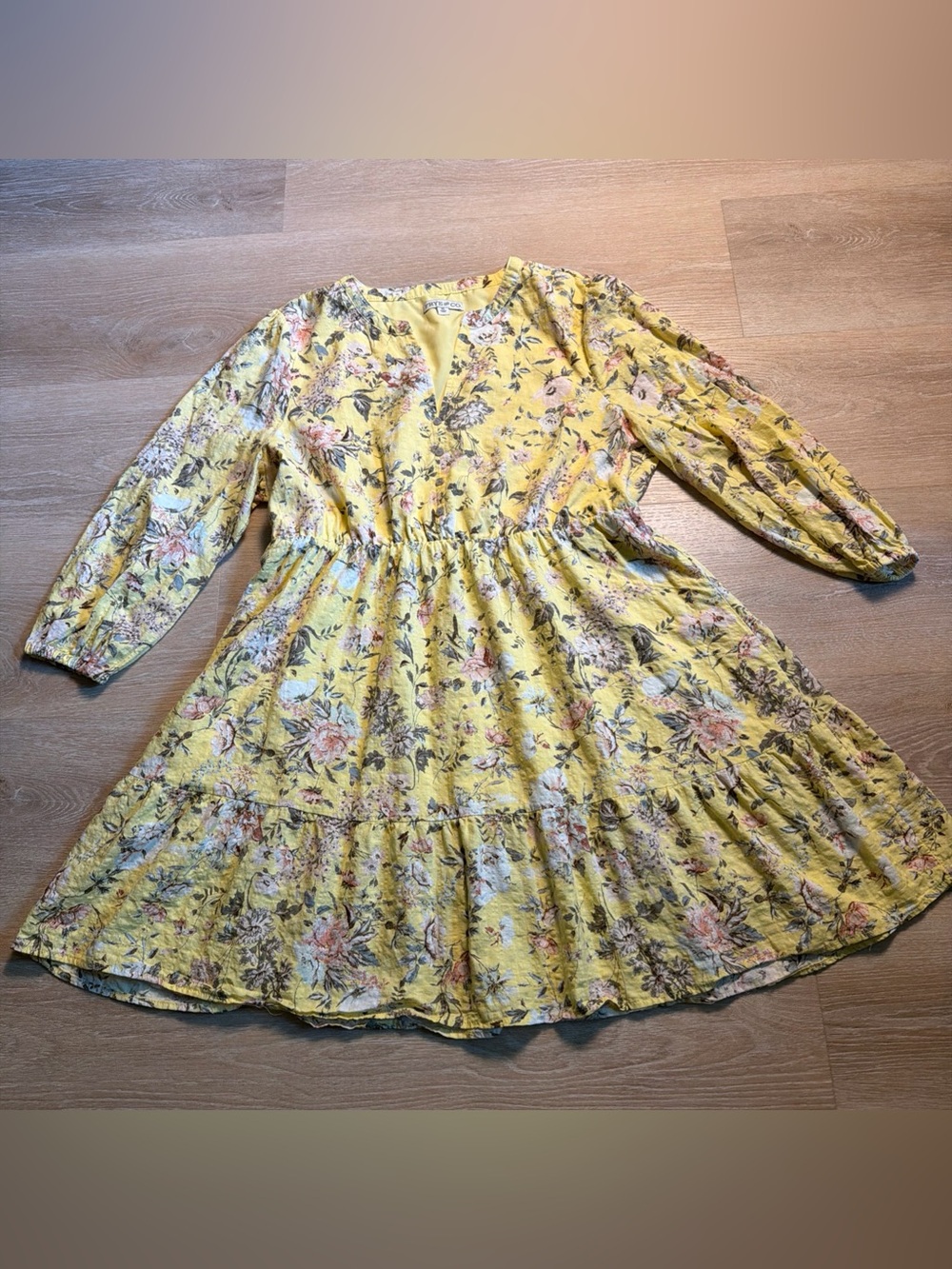Frye and Co. Yellow Floral Long Sleeve Tiered Smocked Mini Dress Cottagecore XL